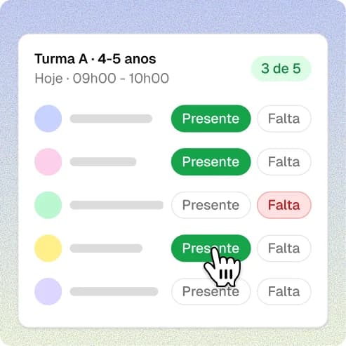 Lista de presenças de uma turma, com presentes e faltas.