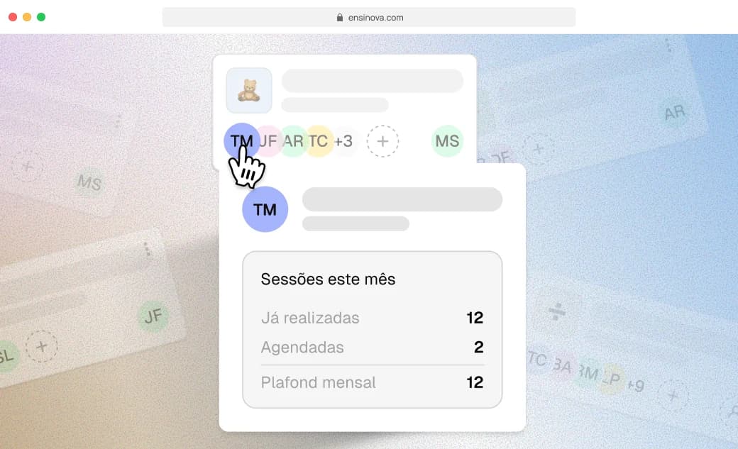 Quadro de grupos com o resumo das sessões de um aluno no mês.